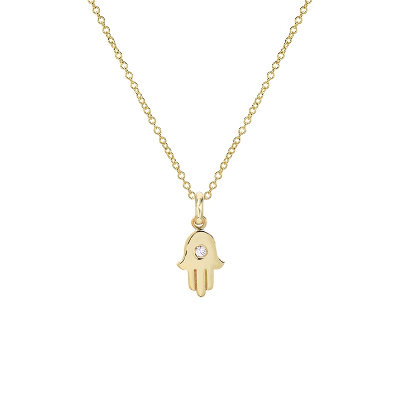 Diamond Hamsa Necklace 14K Yellow Gold 16″