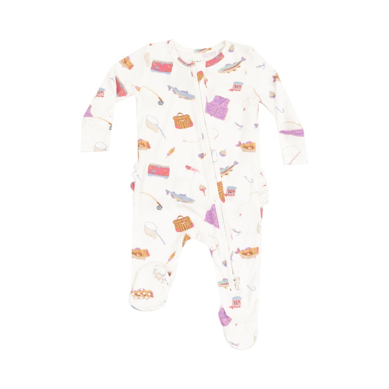 2 Way Zipper Ruffle Back Footie – Fishing Things Pink NB