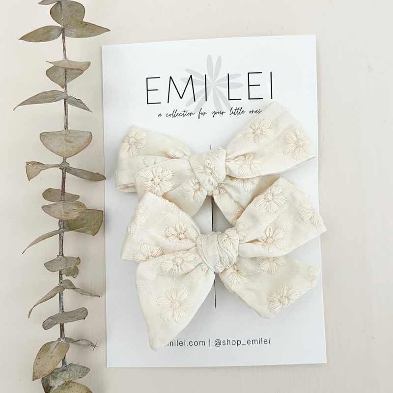 Pigtail Bow Clips Ivory Embroidered Floral