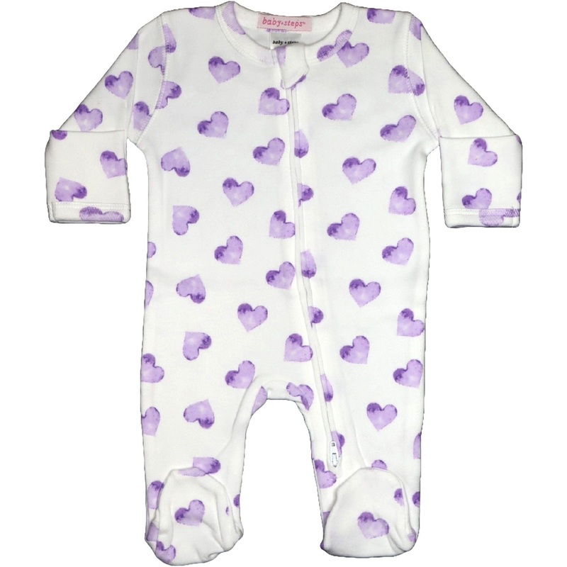 baby Two-way Zipper Footie – Lilac Watercolor Hearts NB