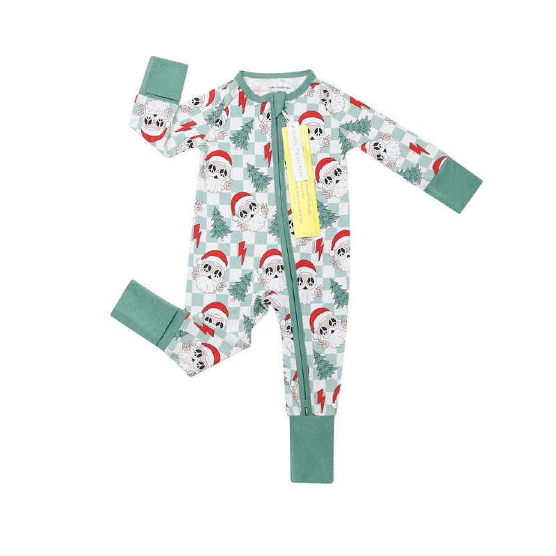 Bamboo Zip Romper | Checkered Santa 0-3M