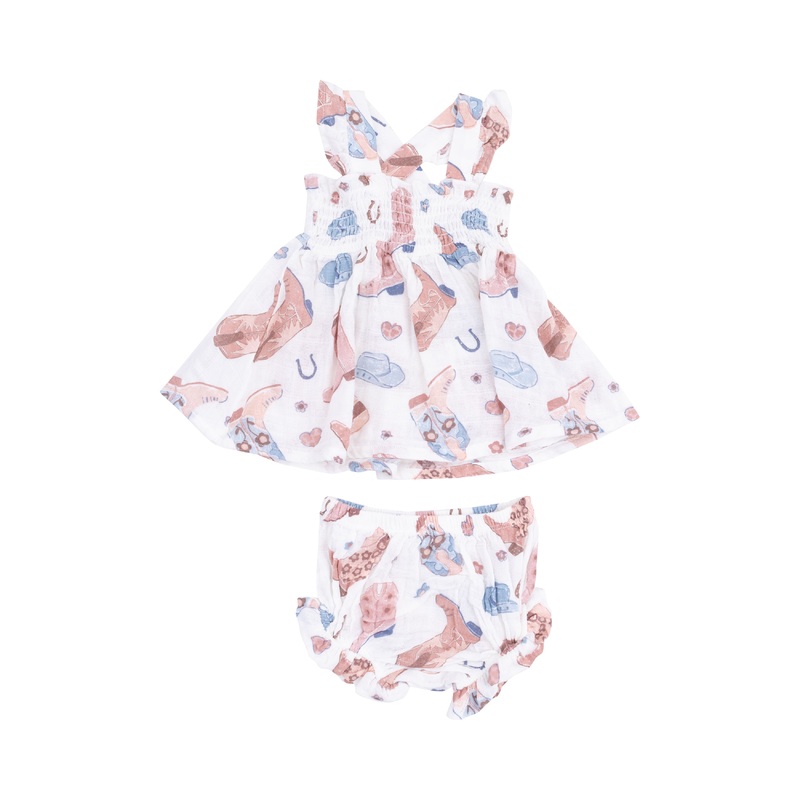 Ruffle Strap Smocked Top And Diaper Cover – Cowboy Boots Pink 3-6M