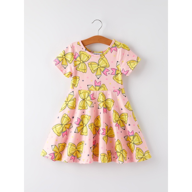 Back To School Yellow Bow Print Girls Dress 3