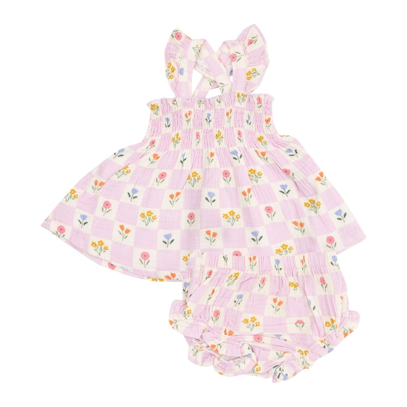Ruffle Strap Smocked Top And Diaper Cover – Floral Check 3-6M