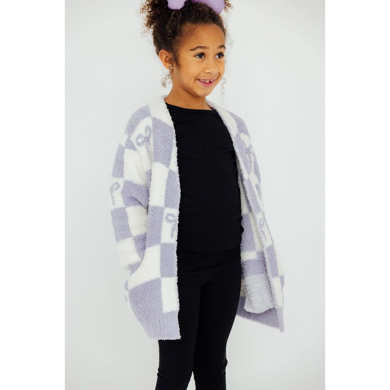 Lavender Checker Bow Cozy Cardigan 3/4