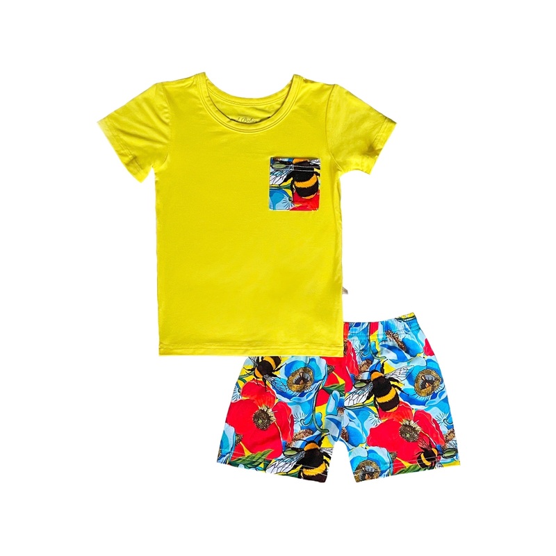 Summer Floral Bumble Bee Yellow Toddler T-shirt And Short Set 2T