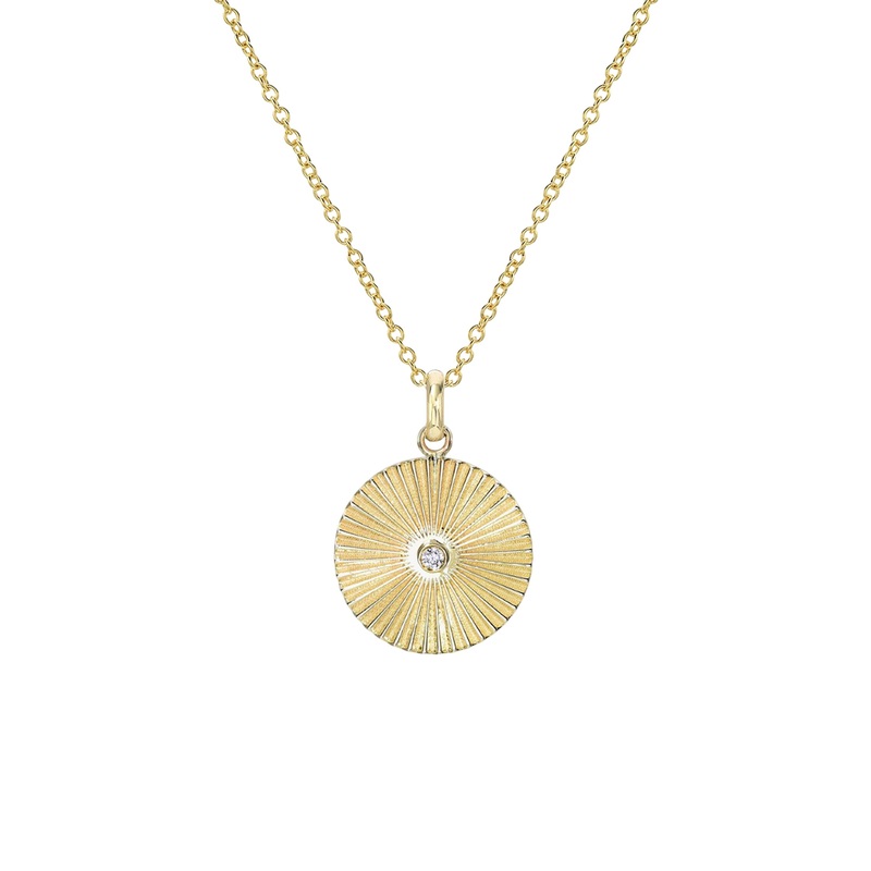 14k Gold Pleated Disc With Diamond Necklace 14K Yellow Gold 16″