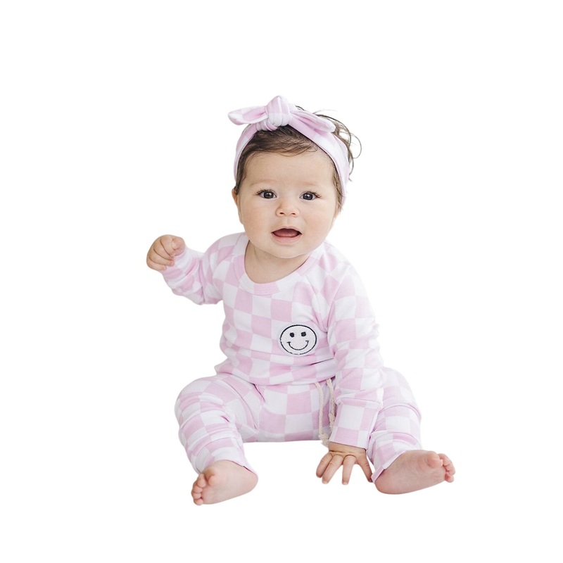 Checkered Smiley Lounge Set | Pink 0-3M