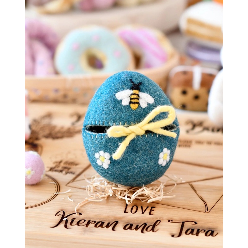Sale Felt Egg Cover, Blue with Bee Motif