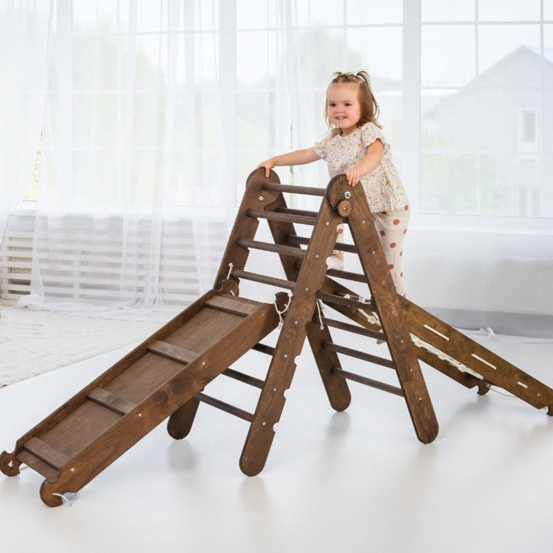 3in1 Montessori Climbing Set: Triangle Ladder + Slide Board + Net  Chocolate