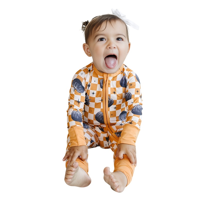 Bamboo Zip Romper | Checkered Pumpkin 0-3M