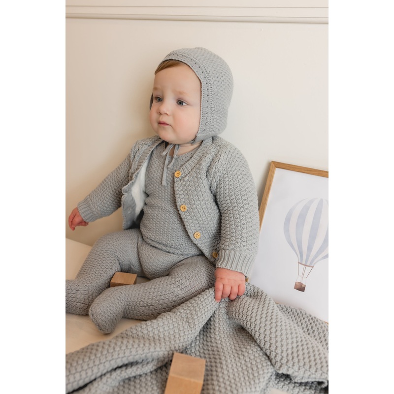 Fur Lined Waffle Knit Cardigan & Bonnet Dusty Blue 3 Months