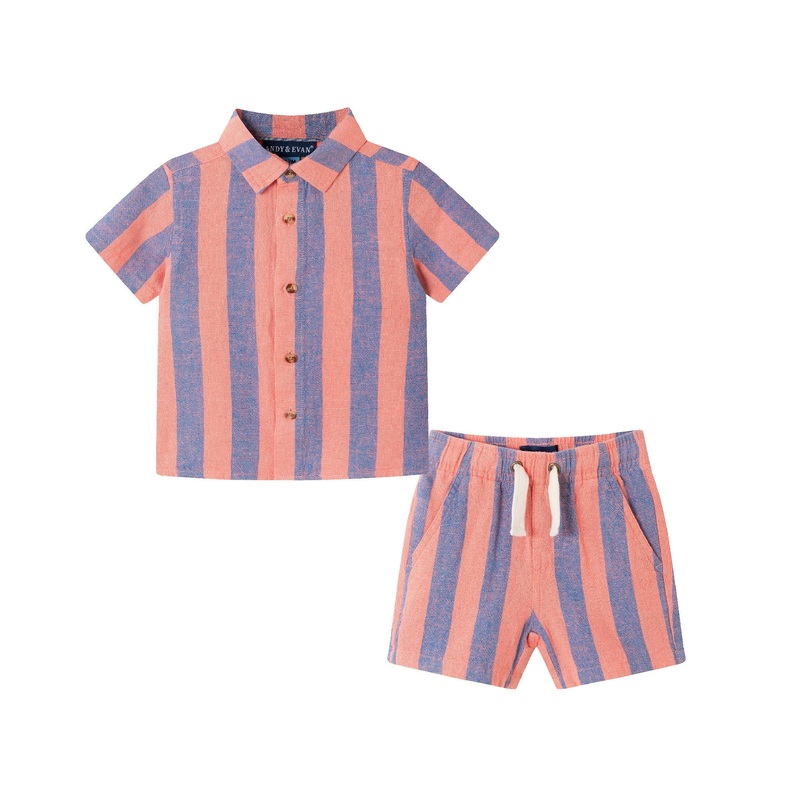 Infant (3-24m) Coral & Blue Striped Buttondown Set 0/3 M Coral