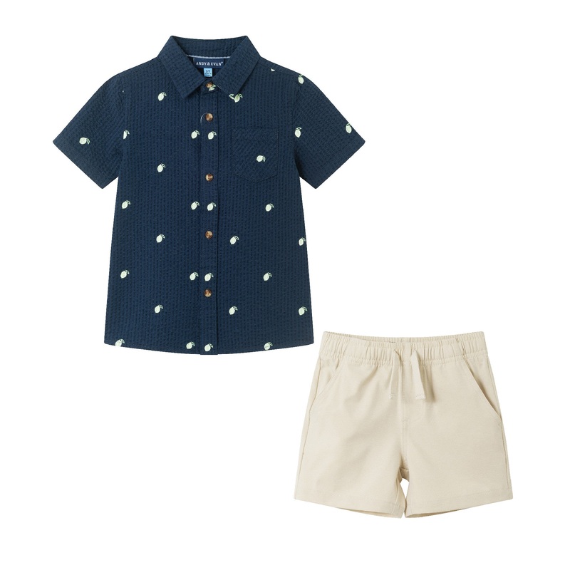 Kids (2-8) Seersucker Short Sleeve Buttondown Set | Navy Limes 2T Navy