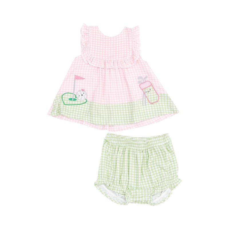 Ruffle Top With Applique & Bloomer – Golf Pink Mini Gingham 0-3M