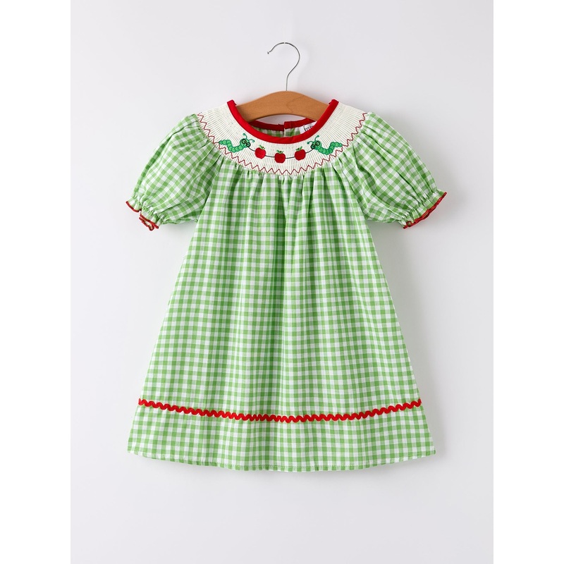 Back To School Girls Green Plaid Smocking Dress 2