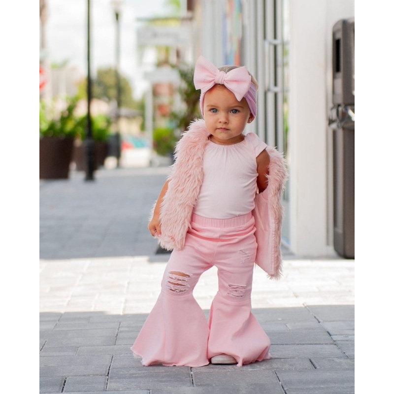 Barbie Pleated Denim Bell Bottoms – Powerpuff Distressed Pink 0-3months