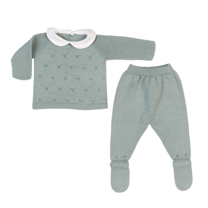 Milou | Baby Green Cotton Knit 2 Piece Babygrow Set 1m