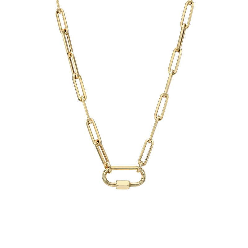 14k Gold Large Paper Clip Chain With Carabiner Necklace 14K Yellow Gold 16″