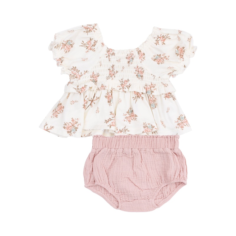 Cap Sleeve Smocked Blouse And Muslin Bloomer – Vintage Rosebuds 3-6M