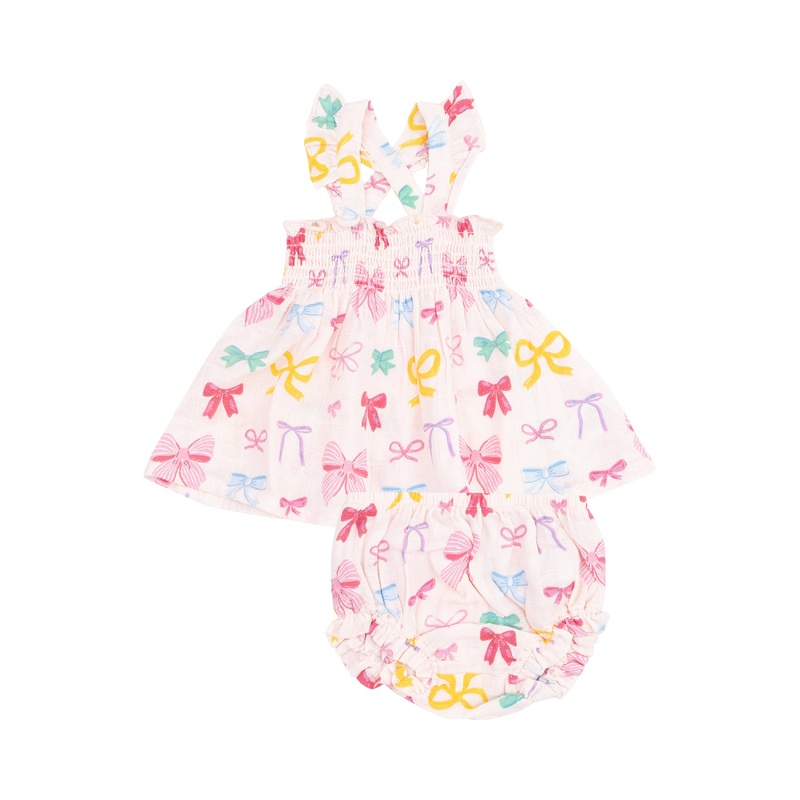Ruffle Strap Smocked Top And Diaper Cover- Colorful Bows 3-6M