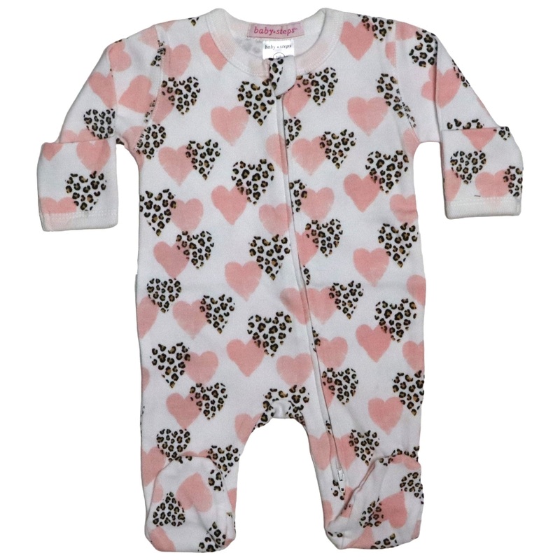 Baby Two-way Zipper Footie – Leopard Hearts NB