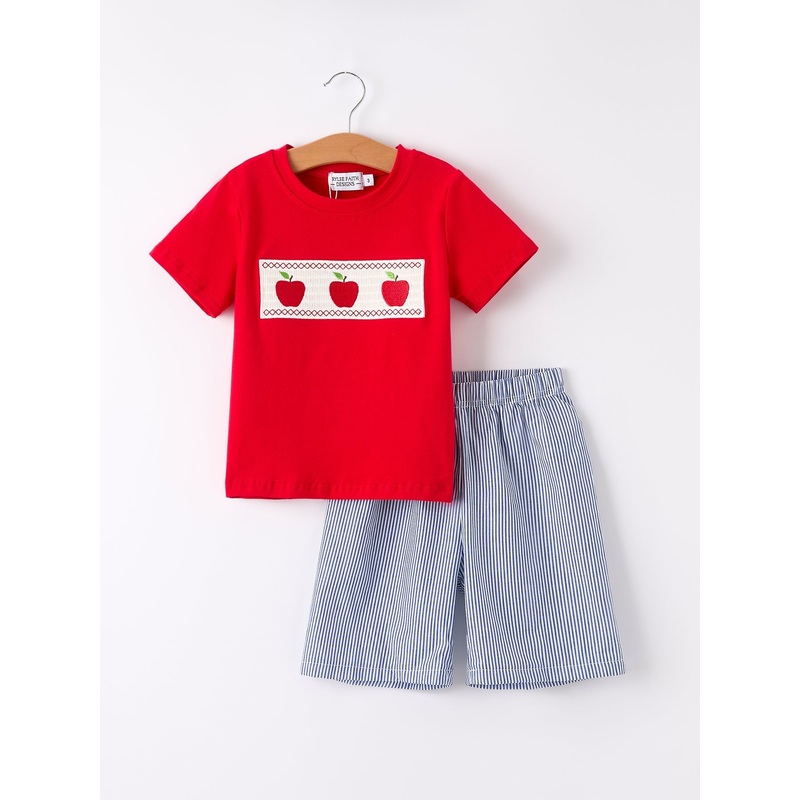 Boys Back To School Smock Embroidered Apple Set 2