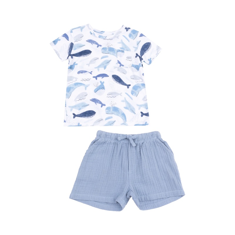 Crew Neck Tee With  Pocket + Muslin Short – Blue Whales 6-12M