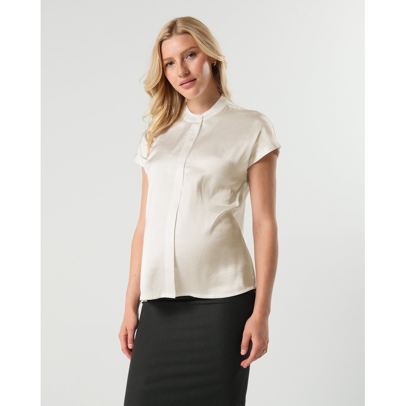 *new* Short Sleeve Satin Maternity Shell Top With Concealed Nursing Zip XS Cream