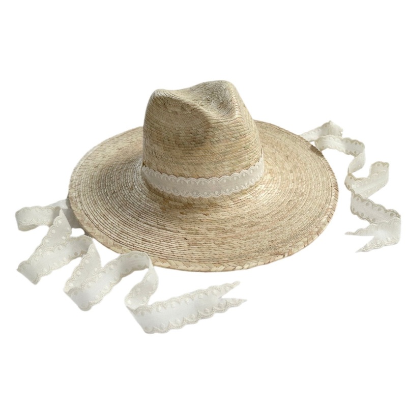 Zinnia Sun Hat – Long & Thin Vintage White Eyelet Lace Ribbon Medium/Large