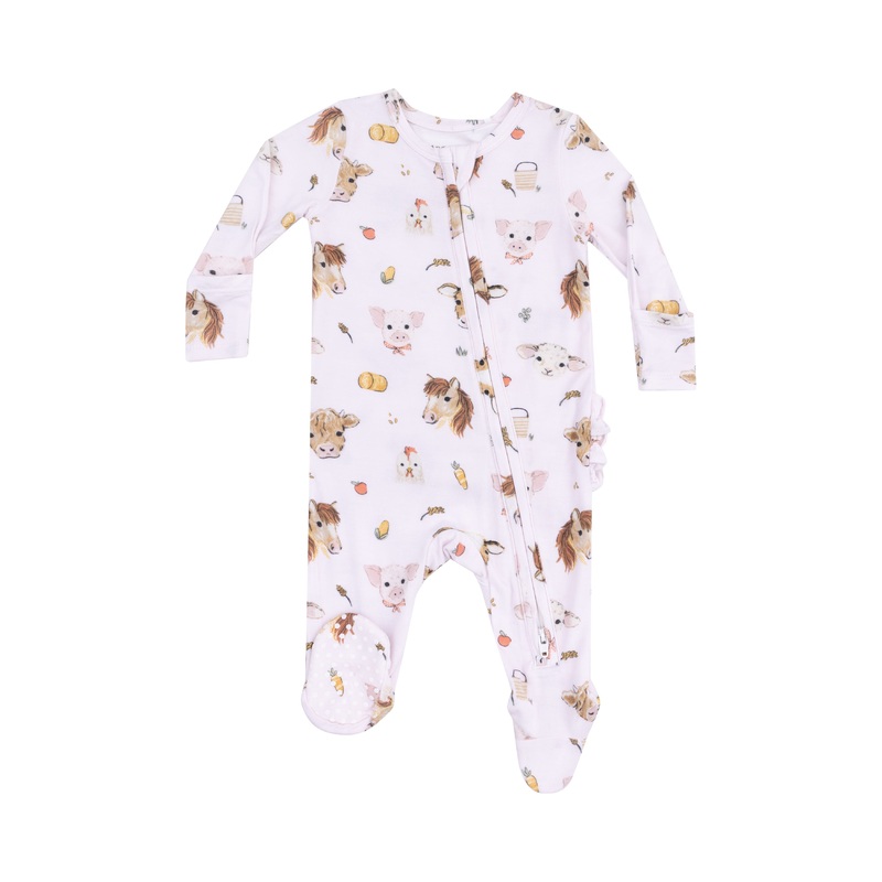 2 Way Zipper Ruffle Back Footie – Vintage Animals Faces Pink NB