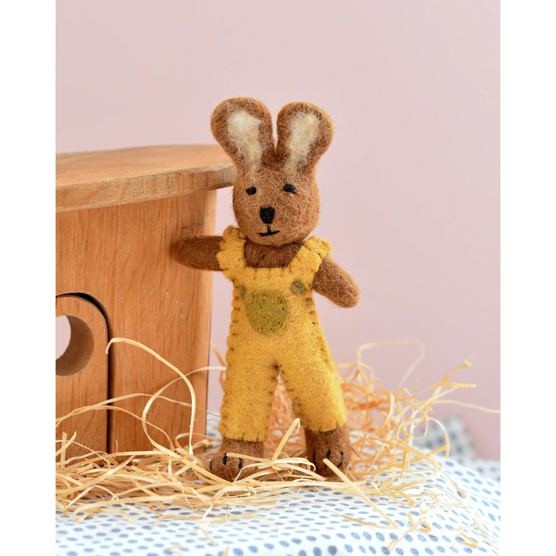 Sale Felt Brown Hare Rabbit with Mustard Yellow Overalls Toy