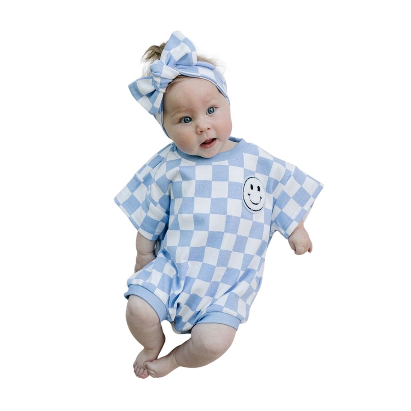 Short Sleeve Bubble Romper | Checkered Smiley Blue Newborn