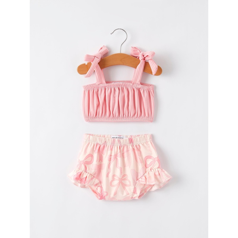 Spring Summer Pink Pleated Suspender Vest And Floral Bloomers Set 3M