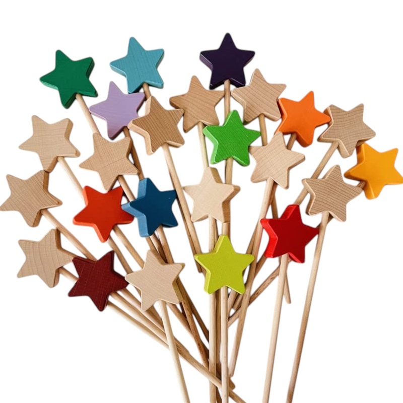 12 Pcs Wooden Star Wand Set In Rainbow And Natural Colors Rainbow