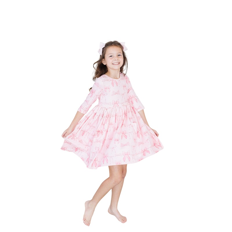 Blushing Bows 3/4 Sleeve Pocket Twirl Dress 6-12M