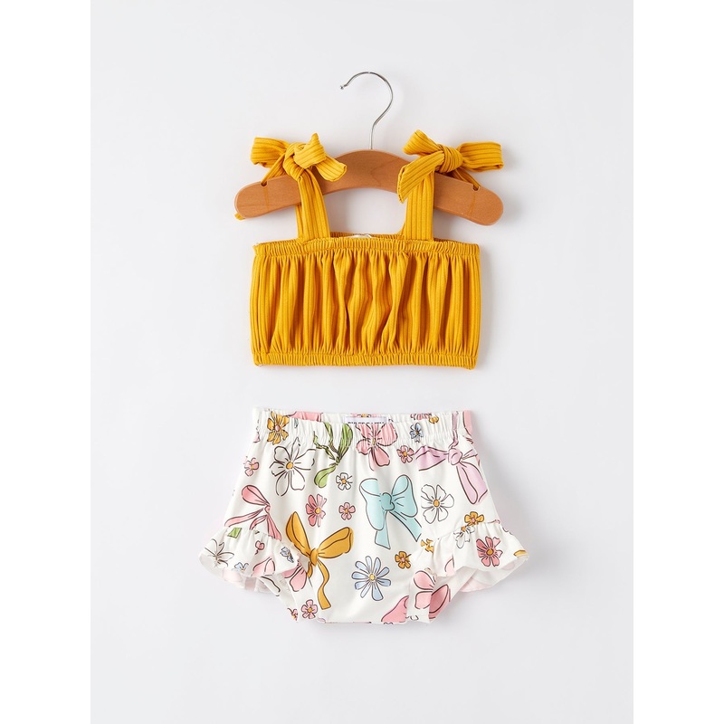 Spring Summer Yellow Bow Suspender Vest And Floral Bloomers Set 3M