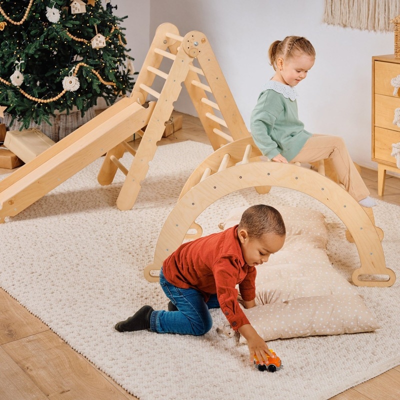 4in1 Montessori Climbing Set: Triangle Ladder + Climbing Arch + Slide Board & Cushion  Beige