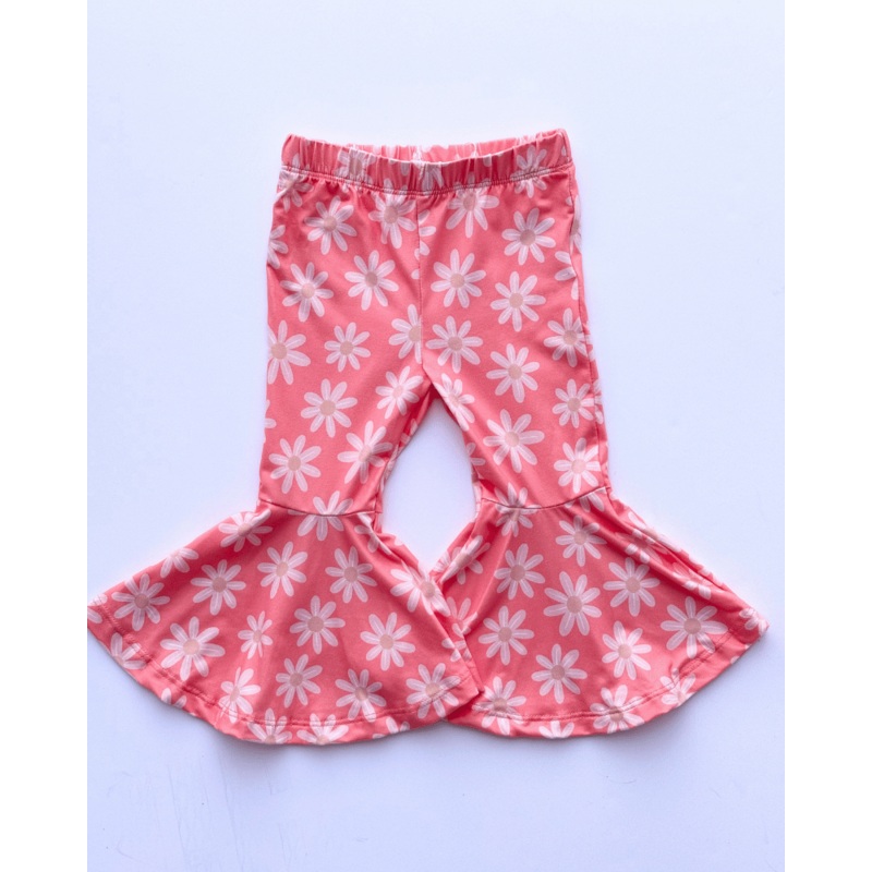 Keely Exaggerated Bell Bottoms – Coral With Flowers 0-3months