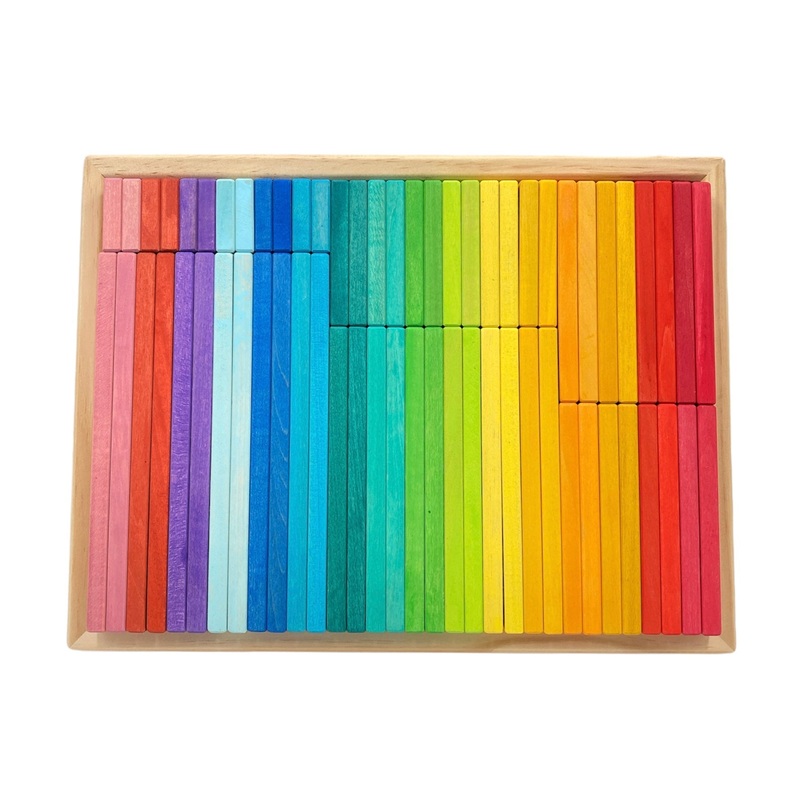 **pre-order (ships In 2-3 Weeks)**64 Pcs Stained Large Wooden Rainbow Building Slats With Storage Tray
