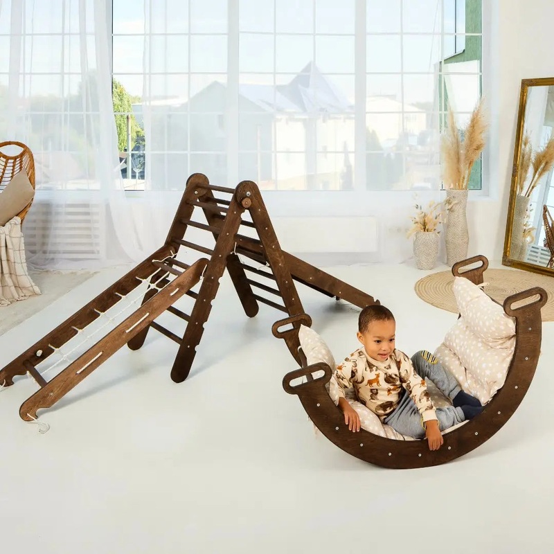 5in1 Montessori Climbing Set: Triangle Ladder, Climbing Arch, Slide, Net & Cushion  Chocolate Chocolate