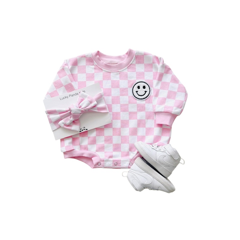 Bubble Romper | Checkered Smiley Pink 0-3M