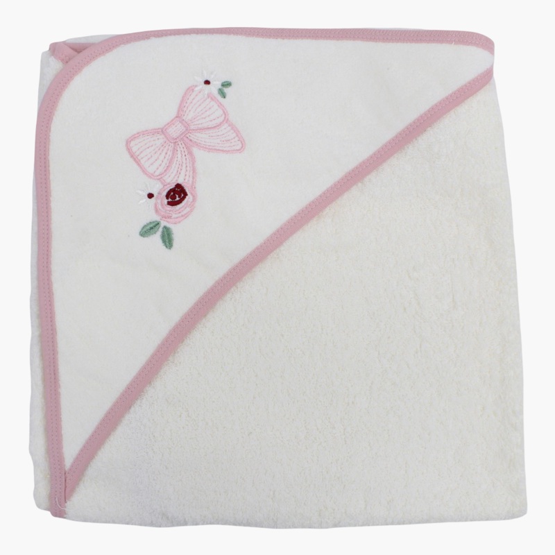 Cotton Baby Hooded Towel – White with Bow Design