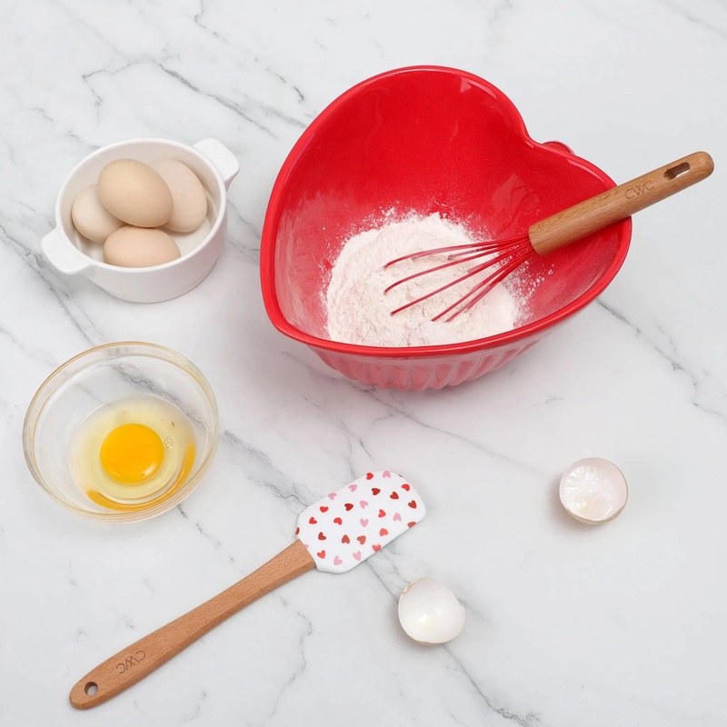 3pc Heart-Shaped Mixing Bowl, Whisk, and Silicone Spatula Baking Set – Red