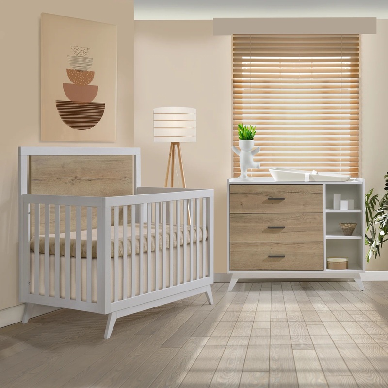 Tulip Juvenile Sissi Convertible Crib and 3 Drawer Dresser Set – White/Natural Oak