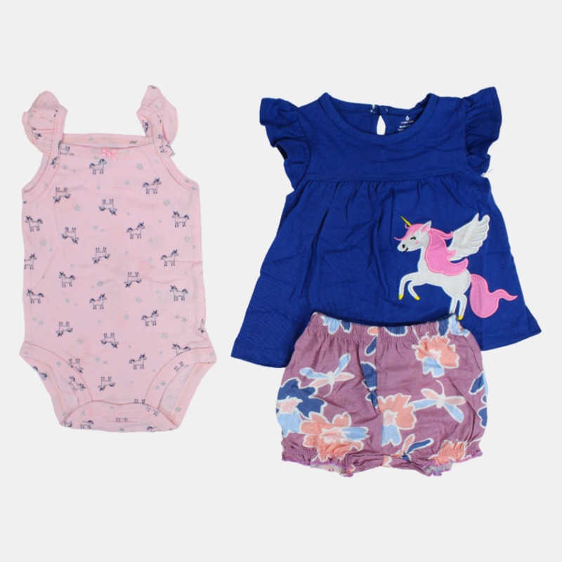 Baby Girls Indigo Unicorn-Themed 3-Piece Cotton Outfit Set