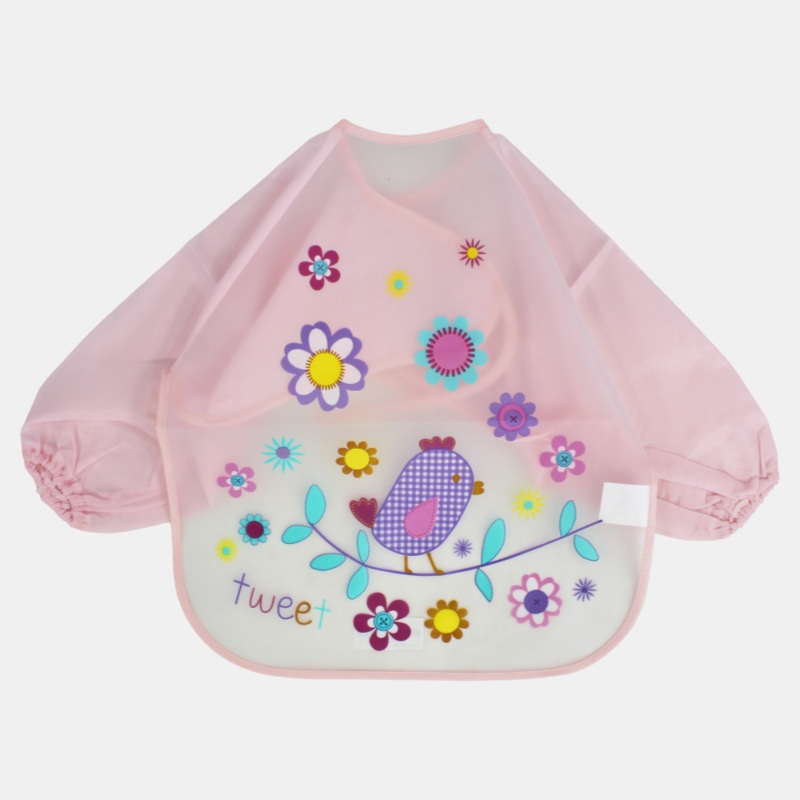 Baby Long-Sleeved Bib – Pink with Bird Design