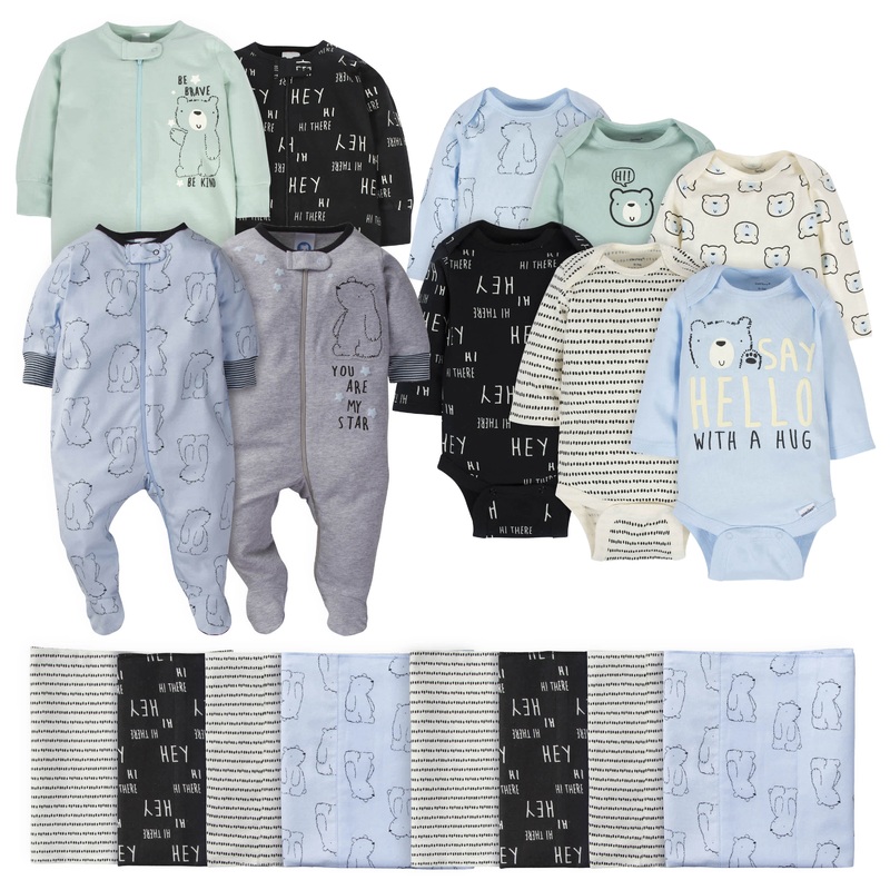 18-Piece Baby Boys Bear Sleep ‘N Play, Onesies Bodysuit, and Burpcloth Set