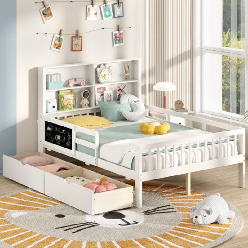 Twin/Full Size Bed Frame With 2 Drawers and Bookcase for Boys and Girls-Full Size