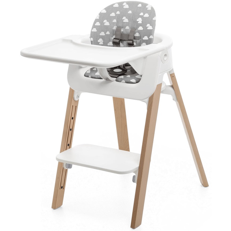 Stokke Steps Complete High Chair with Cushion – White/Natural/Grey Clouds